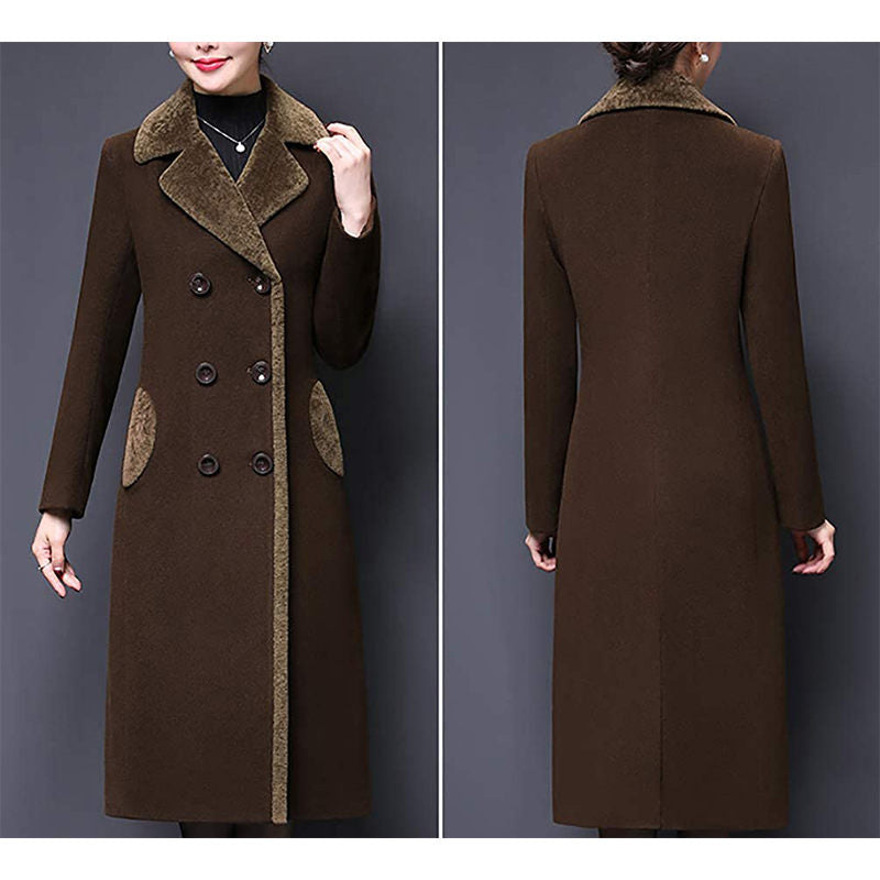 Beakey Womens Winter Wool Blend Long Coat Double Breasted Lapel Jacket-Deep Coffee
