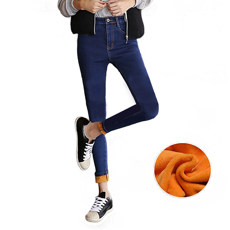 Beakey Womens Fleece Jeans with Pockets High Waist Stretch Pants-105-Dark Blue