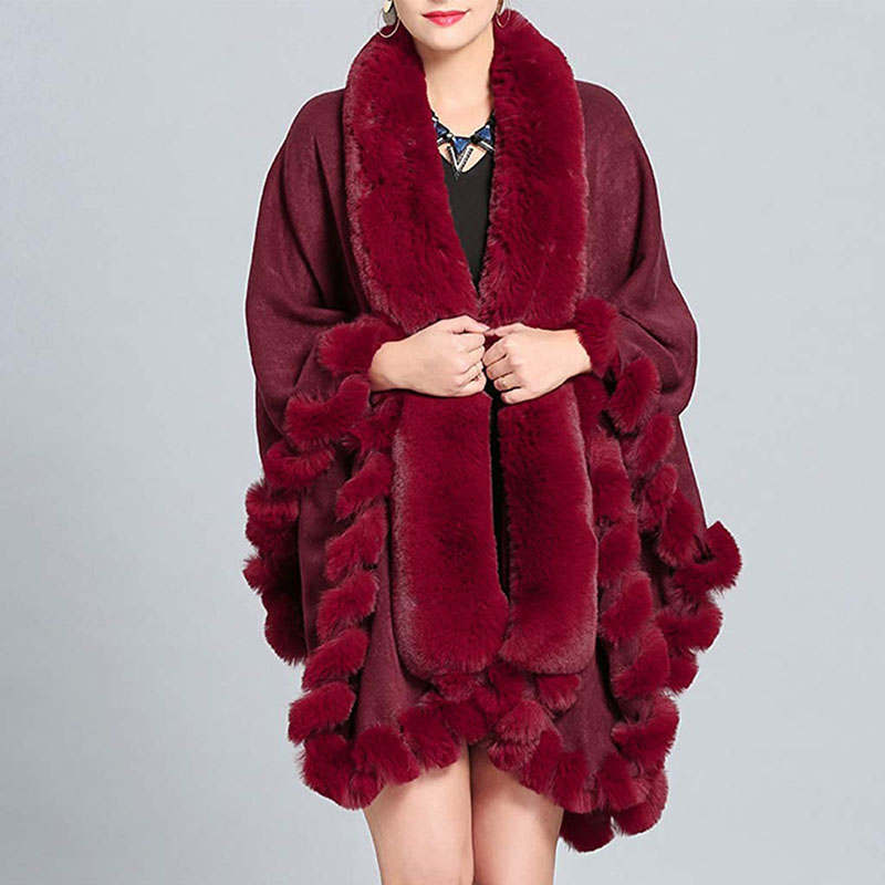 Beakey Womens Faux Fox Fur Trim Cardigan Shawl Oversized Cape-Maroon