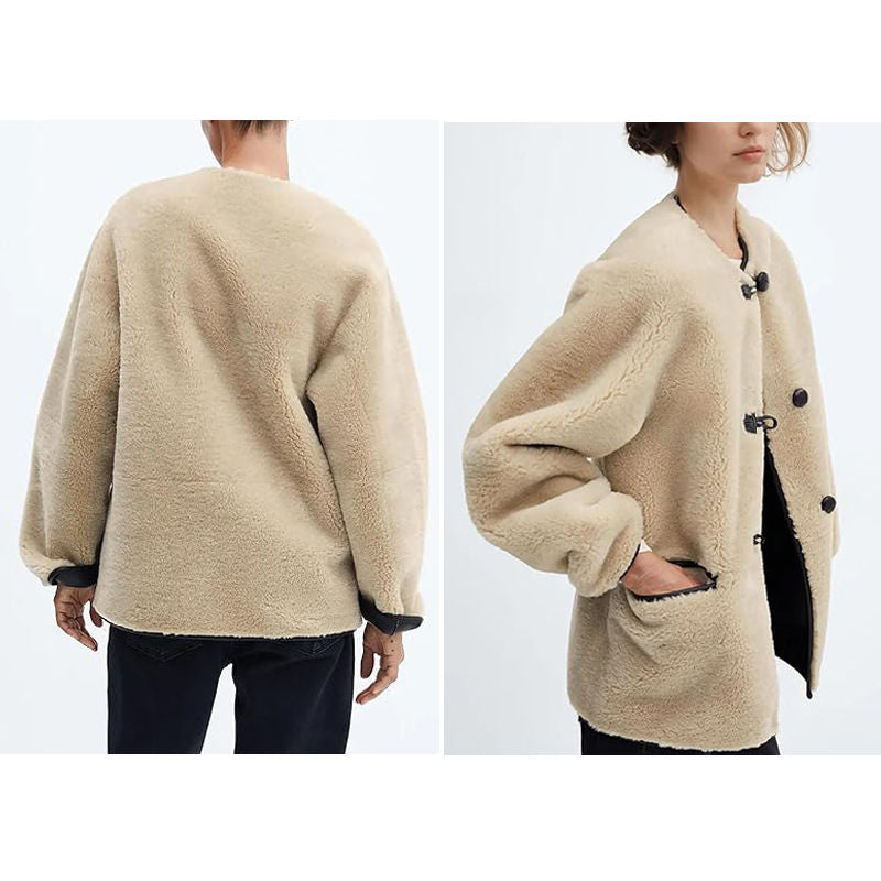 Beakey Womens Button Sherpa Coats Long Sleeve Warm Outwear with Pockets-Khaki