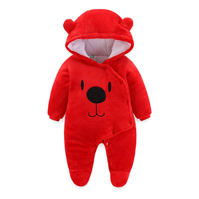 Beakey Cute Bear Hooded Snowsuit for Baby Button Footie Fleece Jumpsuit-Red