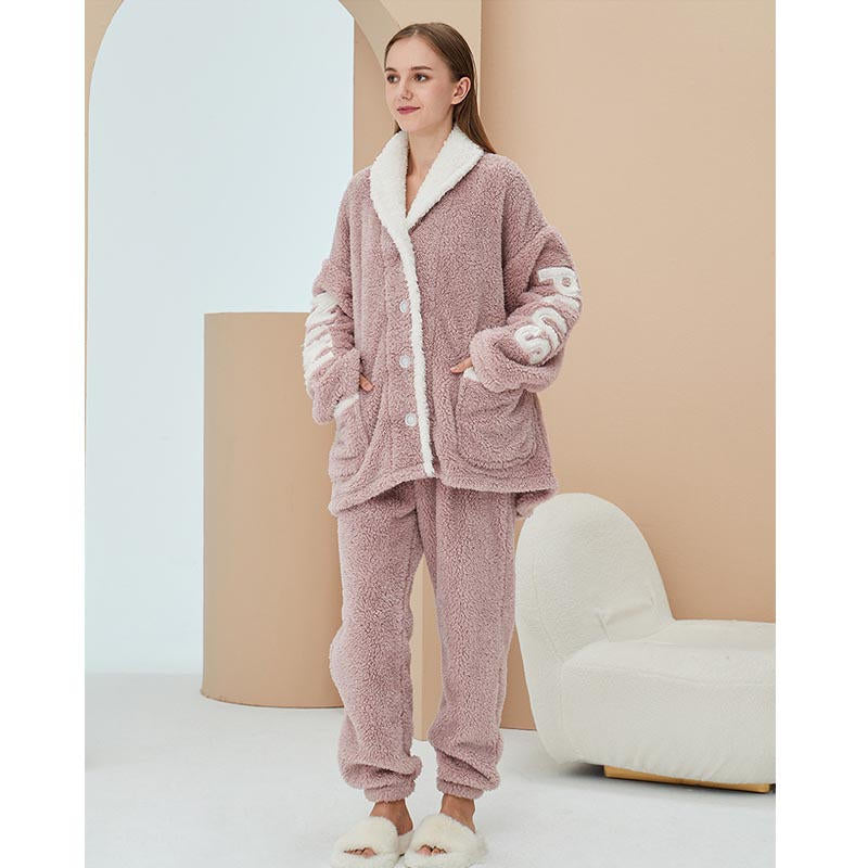 Beakey Womens Winter Fleece Pajamas Set Warm Loungewear-Pink