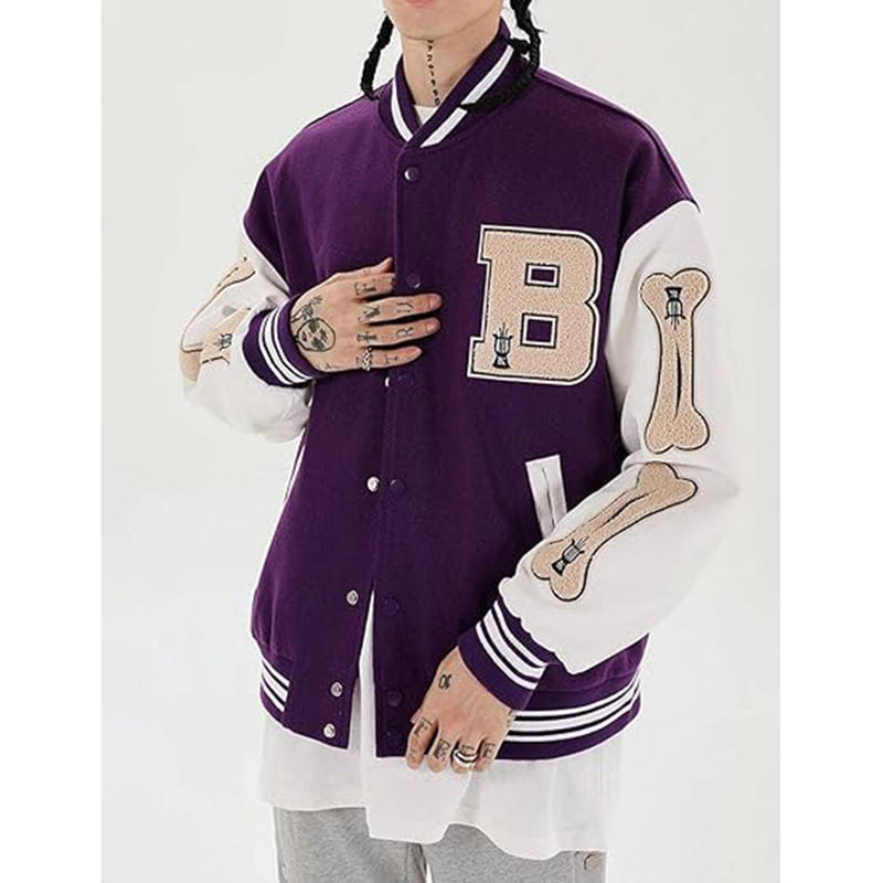 Beakey Unisex Varsity Jacket Stitched Leather Oversized Coat with Patch-Purple