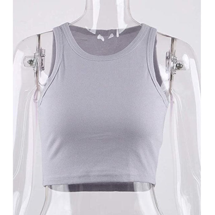 Beakey Vest For Women Notch Sleeveless Summer Ribbed Short Leaking Belly Tank Tops-Light Gray-3011