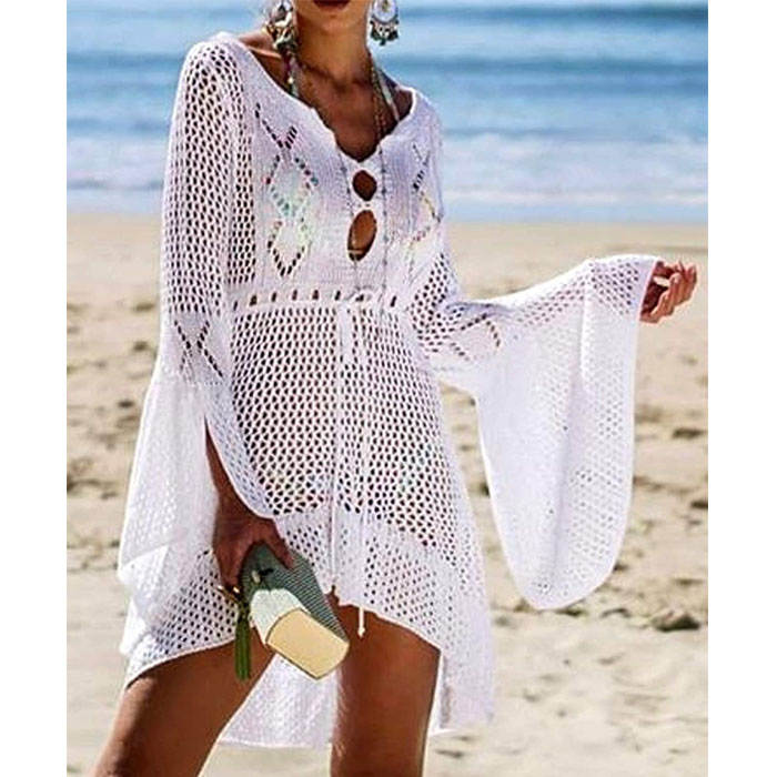 Beakey Women Beach Swimsuit for Women Flared Sleeves Coverups Bikini Loose Cover Up Net-White
