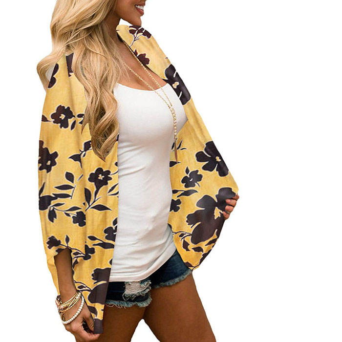 Beakey Women's Summer Floral Print Kimonos Loose Half Sleeve Chiffon Cardigan Blouses Casual Cover Up - Yellow Flower