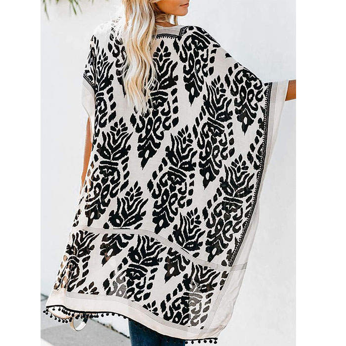 Beakey Women Print Kimono Tassel Casual Cardigan V Neck Loose Swimsuit Cover Up Beachwear-Black