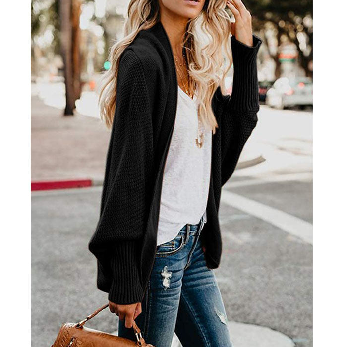 Beakey Women's Batwing Knitted Oversized Slouchy Solid Cardigan Sweater Knit Outwear-Black