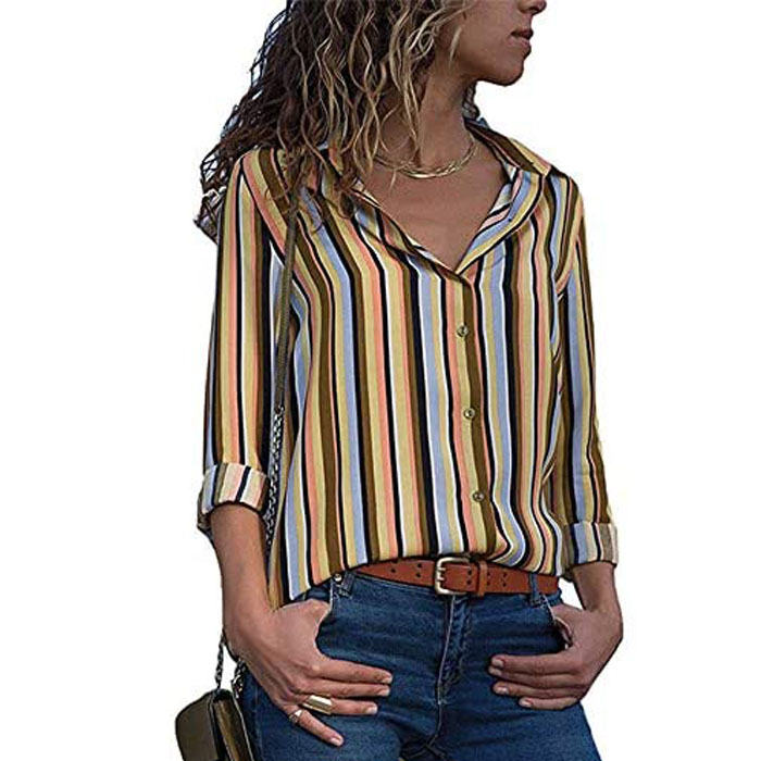Beakey Women Autumn V Neck Striped Printing Roll up Sleeve Button Down Blouses Top-Yellow-623