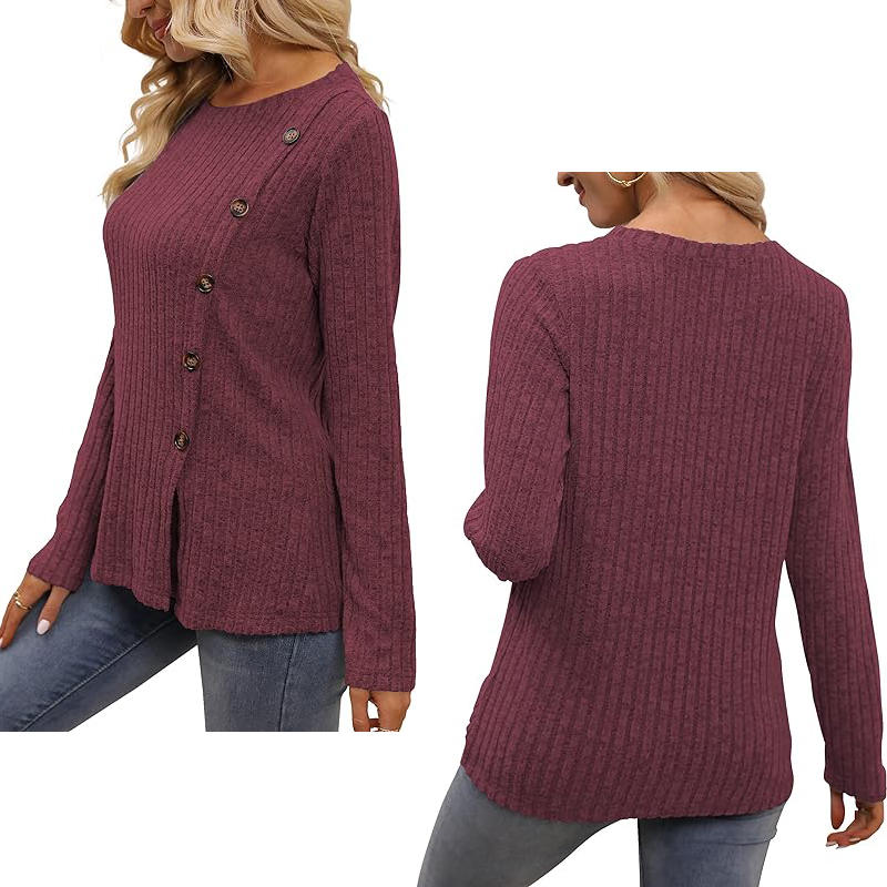 Beakey Long Sleeve Tops for Women Button Decor Loose Tunic Blouse-Wine Red