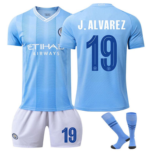 Beakey Manchester City Home J.ALVAREZ #19 Soccer Jersey Kids Adult 3Pcs Kits