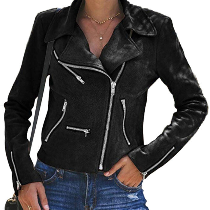 Beakey Women's Multiple Zippers Notch Collar Moto Jacket Casual Short Coat-Black-YC0271