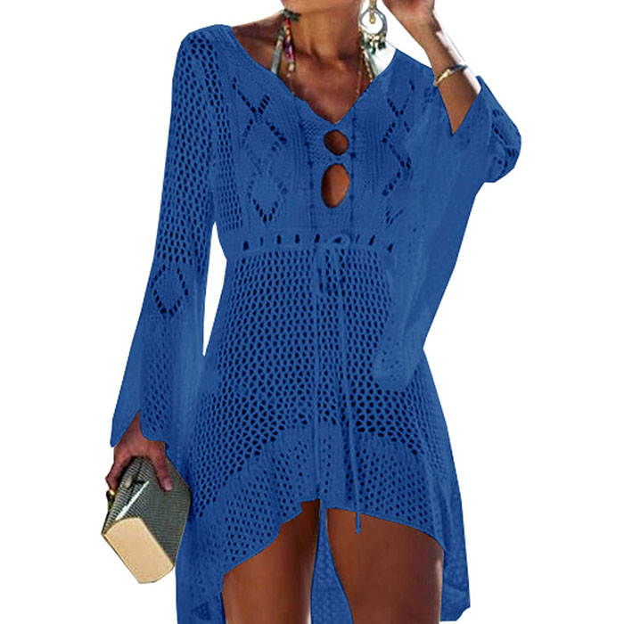 Beakey Women Beach Swimsuit for Women Flared Sleeves Coverups Bikini Loose Cover Up Net-Royal Blue