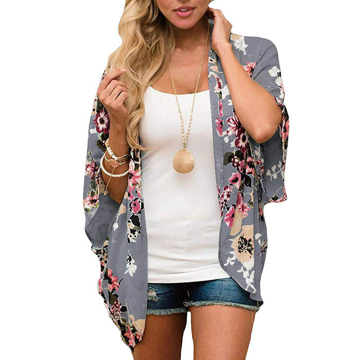 Beakey Women's Summer Floral Print Kimonos Loose Half Sleeve Chiffon Cardigan Blouses Casual Cover Up - Dark Gray