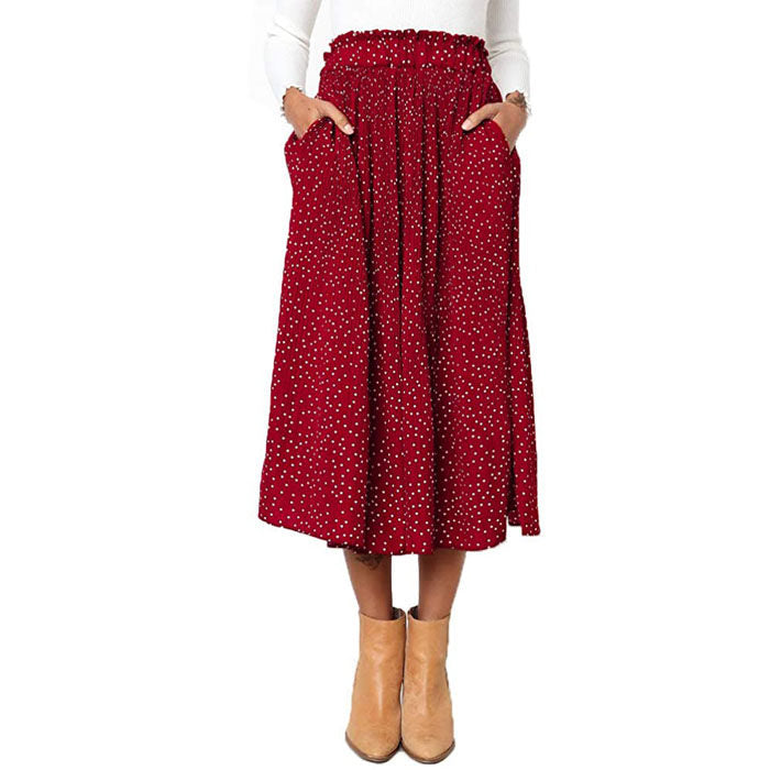 Beakey Womens High Waist Skirt Polka Dot Pleated Midi Maxi Swing Skirt High Elastic-Red-0387