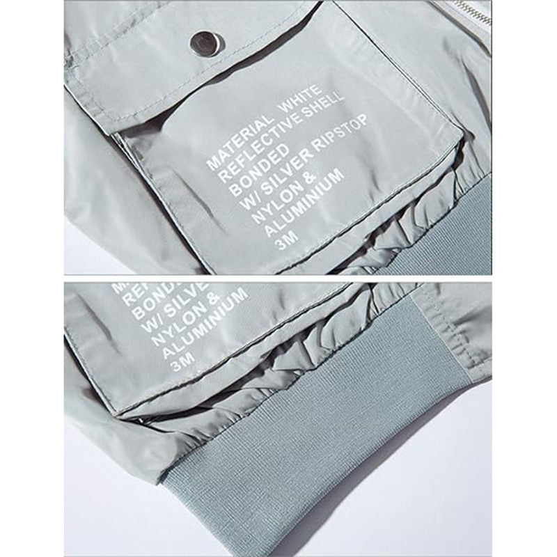 Beakey Mens Biker Flight Jacket Big Pocket Letter Print Windbreaker-Grey