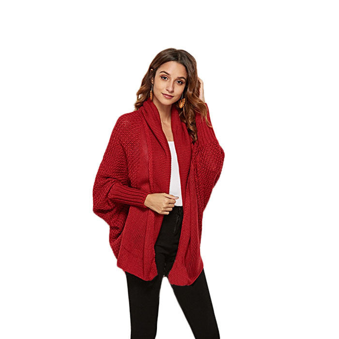 Beakey Women's Batwing Knitted Oversized Slouchy Solid Cardigan Sweater Knit Outwear-Red