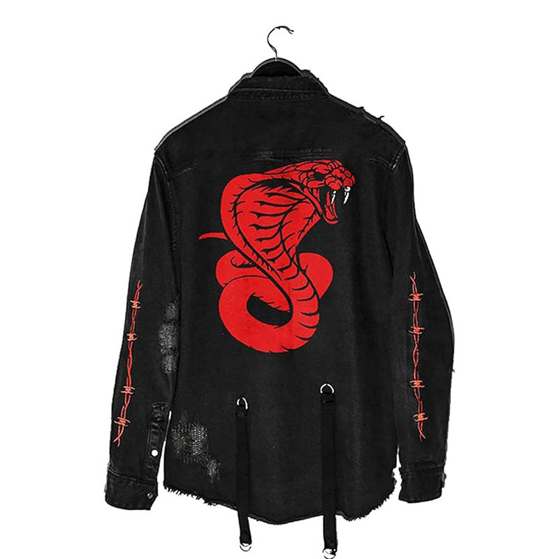 Beakey Mens Denim Jacket Distressed Ripped Hip Hop Outwear Oversized-Cobra