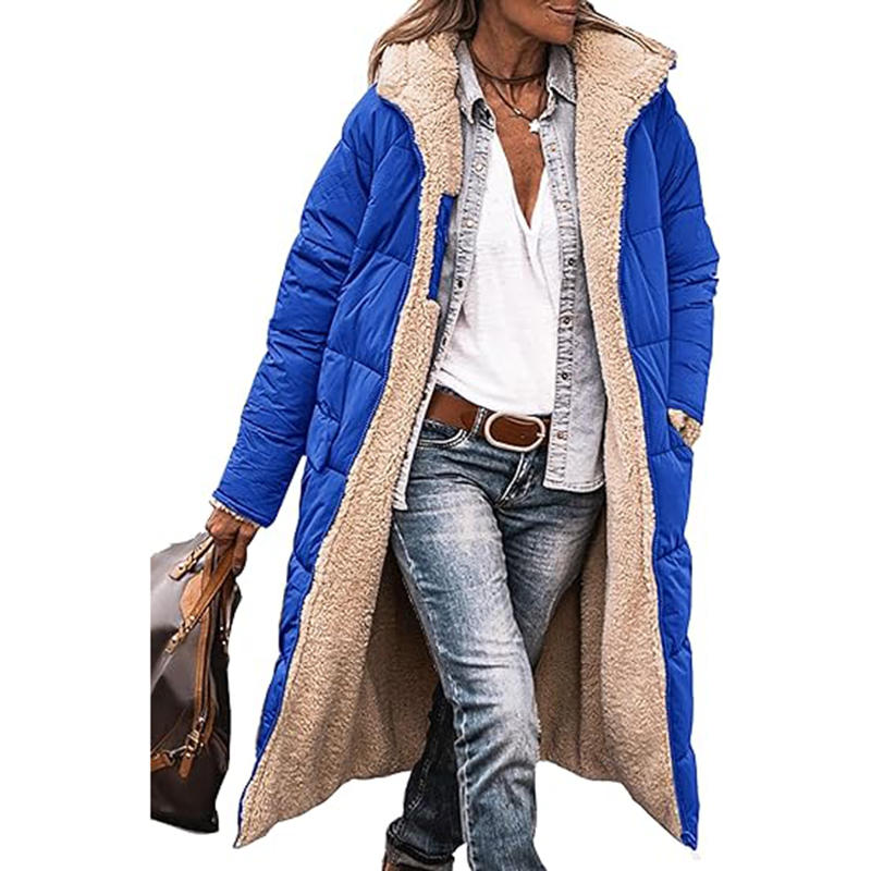 Beakey Womens Long Coats with Hood Fleece Lining Oversized Jackets-Blue