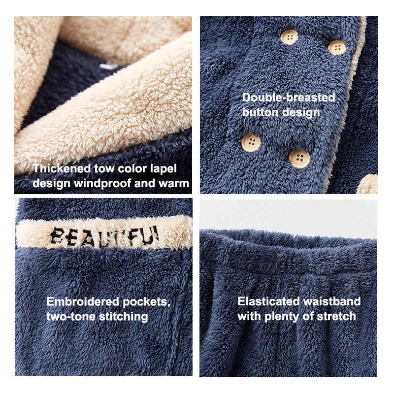 Beakey Womens Plush Pajamas Cardigan Set Loungewear-Navy Blue