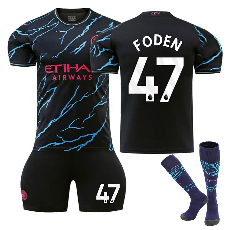 Beakey Manchester City Second Away EPL Jersey FODEN #47 Soccer Jersey Kids Adult 3Pcs Jersey Kits