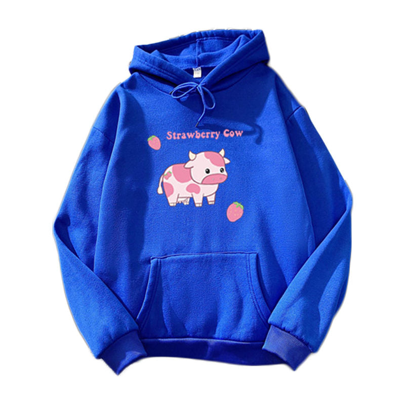 Beakey Casual Hoodie Strawberry Cow Print with Pockets for Women Men-Dark Blue
