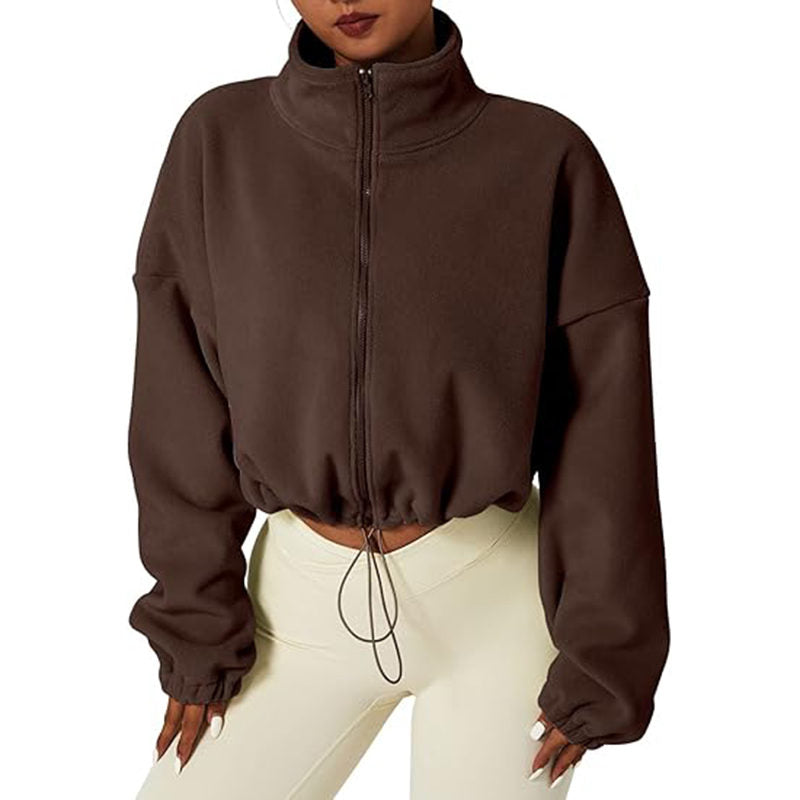Beakey Womens Fleece Crop Jacket Full Zip Stand Collar Winter Coat-Coffee