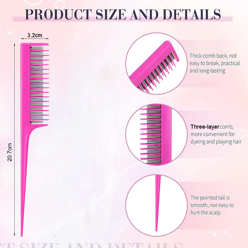 Beakey Triple Teasing Comb with Rat Tail Handle Adds Volume To Fine Hair-Rose Red