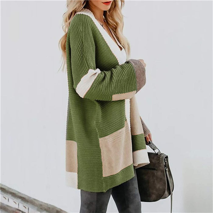 Beakey Womens Color Block Cardigan Open Front Sweaters Loose Knit Casual Coat-Green-AL6009