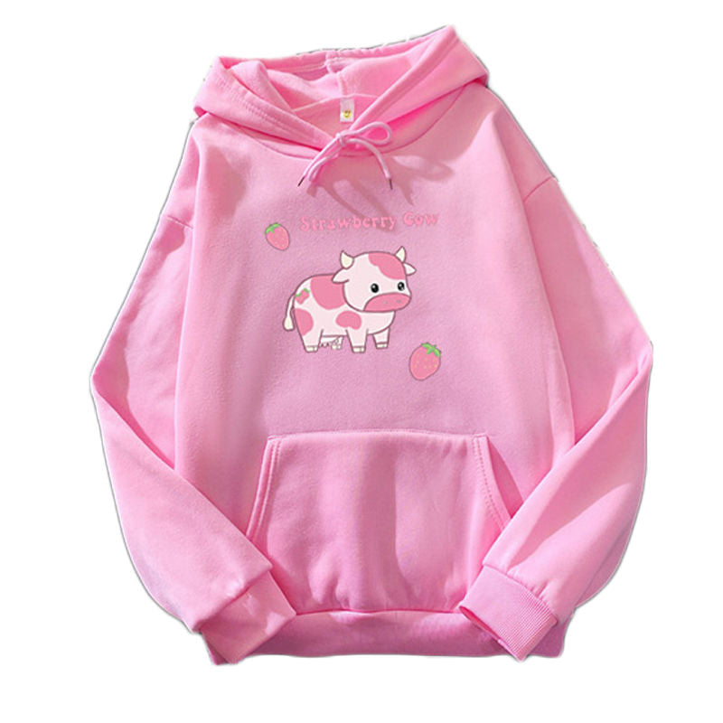 Beakey Casual Hoodie Strawberry Cow Print with Pockets for Women Men-Light Pink