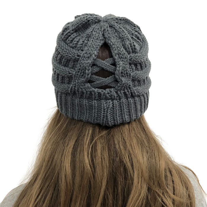 Beakey Soft Stretch Cable Knit Hat Ponytail Beanie Winter Hat For Women-Dark Gray
