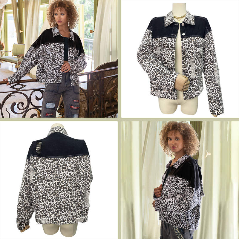 Beakey Vintage Denim Jacket for Women Leopard Print Patchwork Cropped Coat
