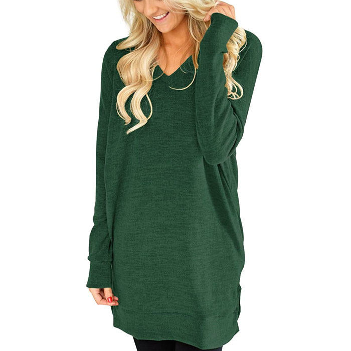 Beakey Womens Casual V Neck Long Sleeves Pocket Solid Color Sweatshirt Split Tops-Green-W0083