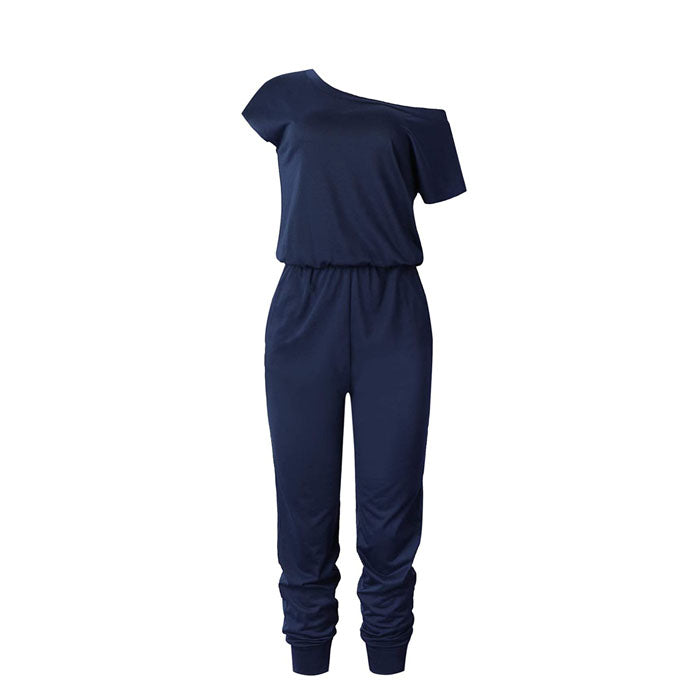 Beakey Women's Loose Solid Off Shoulder Elastic Waist Stretchy Long Romper Jumpsuit with Pockets - Navy