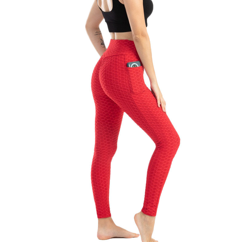 Beakey Womens Leggings Ruched Butt Lifting Stretchy Tights with Pockets-Red