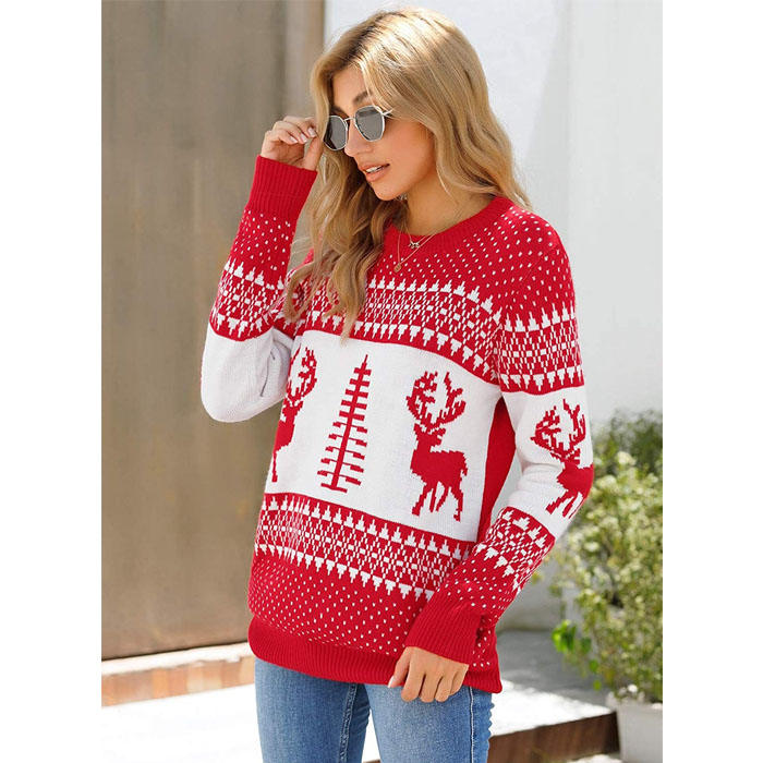 Beakey Women Long Sleeve Christmas Tree Reindeer Holiday Knit Sweater Pullover-Red-CFB0032