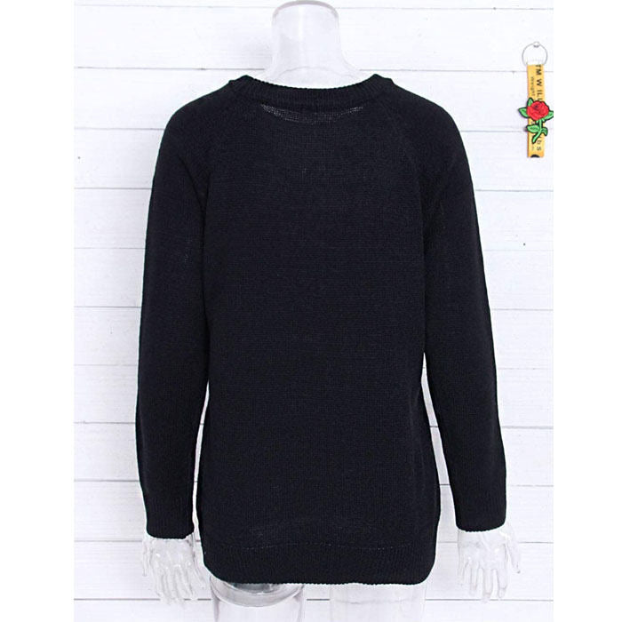 Beakey Women Cute Sweaters Heart Crewneck Long Sleeve Knitted Pullover Sweater-Black And Rose-118004