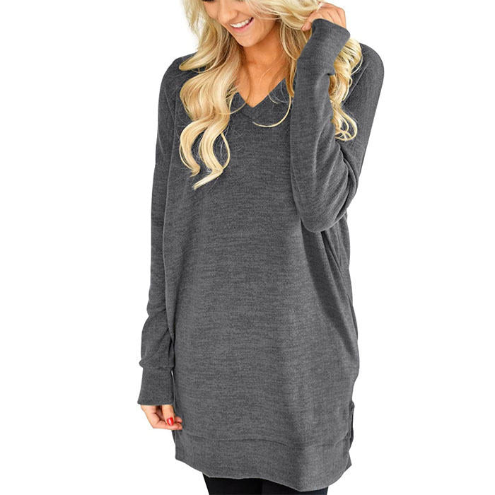Beakey Womens Casual V Neck Long Sleeves Pocket Solid Color Sweatshirt Split Tops-Dark Gray-W0083