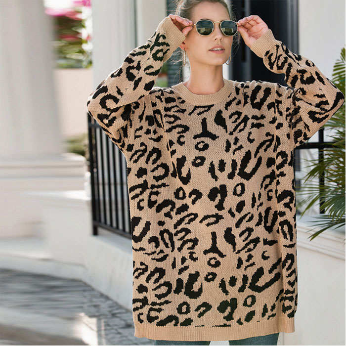 Beakey Women¡¯s Leopard Print Long Sleeve Knitted Oversized Pullover Sweaters-Khaki-HT20200301