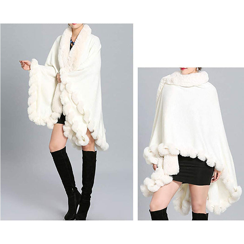 Beakey Womens Faux Fox Fur Trim Cardigan Shawl Oversized Cape-White