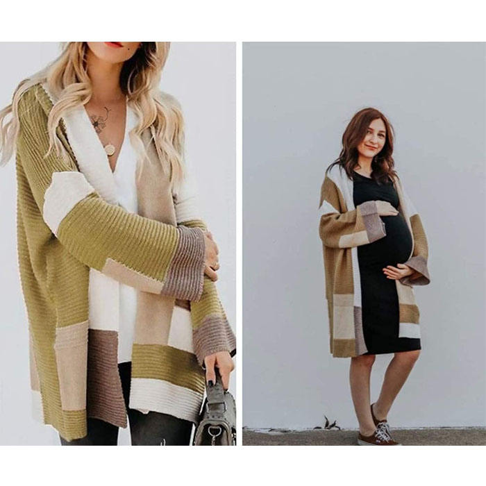 Beakey Womens Color Block Cardigan Open Front Sweaters Loose Knit Casual Coat-Khaki-AL6009