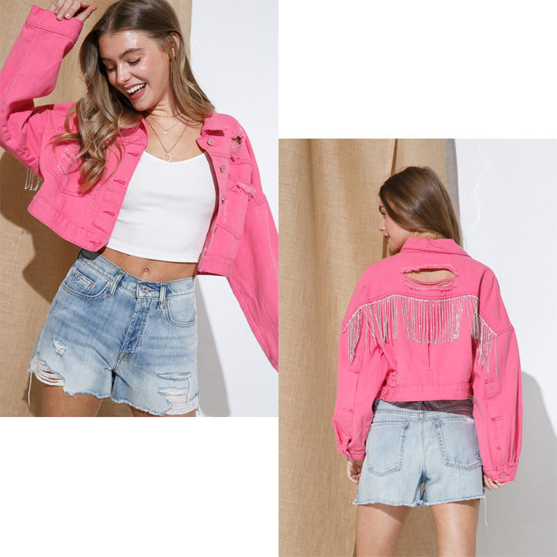 Beakey Womens Denim Jacket with Fringe Rhinestones Crop Casual Coat-RoseRed