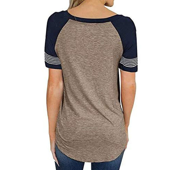 Beakey Womens T Shirts Round Neck Short Sleeve Striped Color Block Casual Tops-Khaki-025