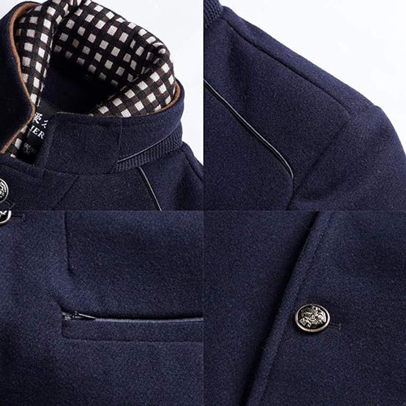 Beakey Mid Long Pea Coat for Men Single Breasted with Detachable Scarf-Navy Blue