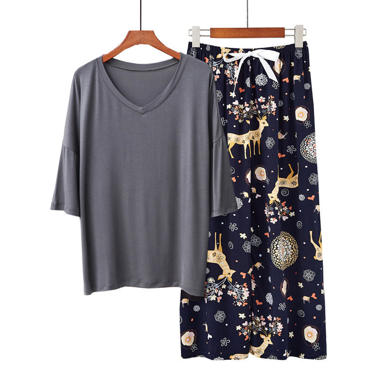 Beakey Womens Pajama Set Print Sleepwear Soft V-Neck Short Sleeve Top With Pants-17
