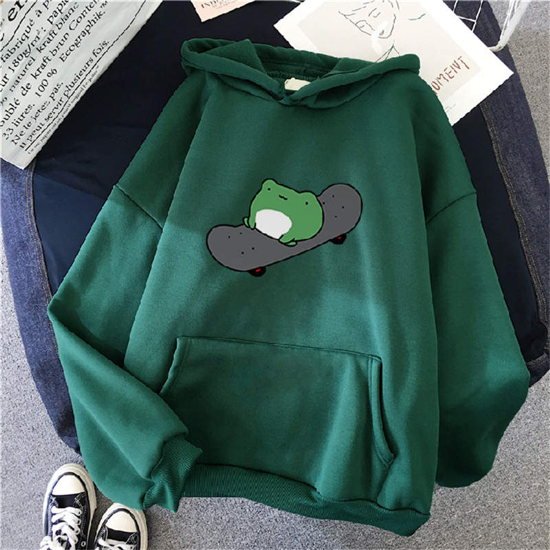 Beakey Womens Cute Hoodie Skateboarding Frog Long Sleeve Pullover-DarkGreen
