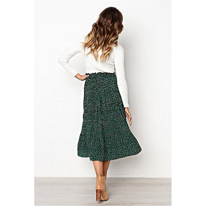 Beakey Womens High Waist Skirt Polka Dot Pleated Midi Maxi Swing Skirt High Elastic-Green-0387