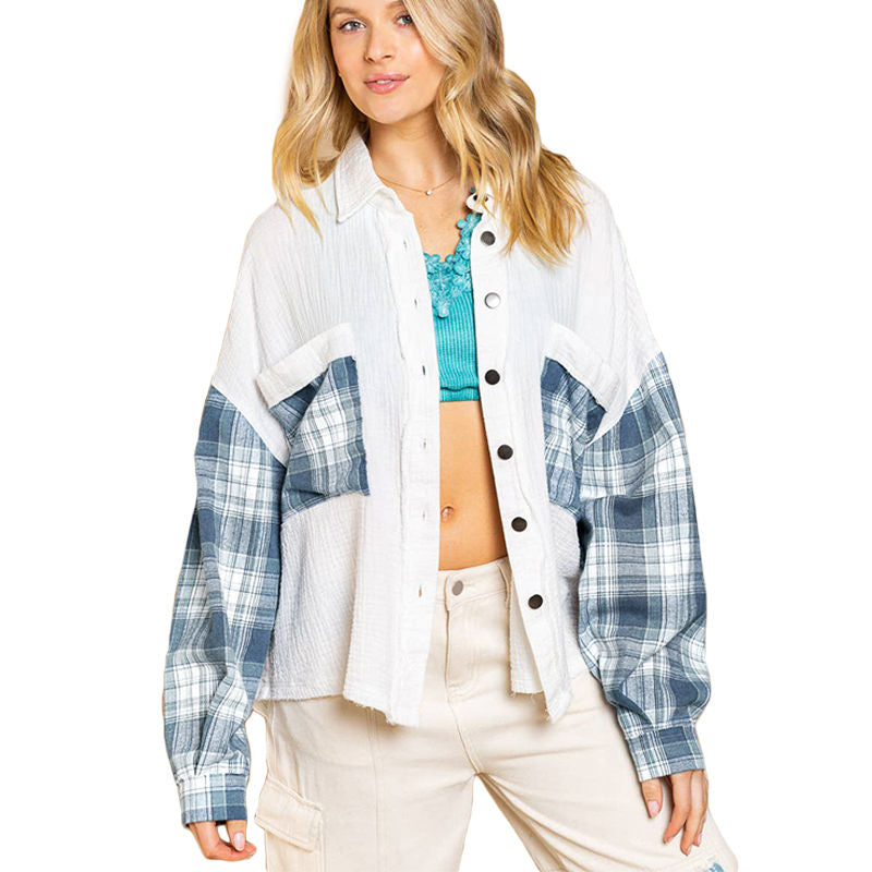Beakey Womens Plaid Shirt Patchwork Long Sleeve Oversized Blouse for Fall