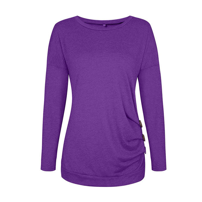 Beakey Women's Casual Long Sleeve Round Neck Loose T Shirt Blouse Tops-Purple-88041