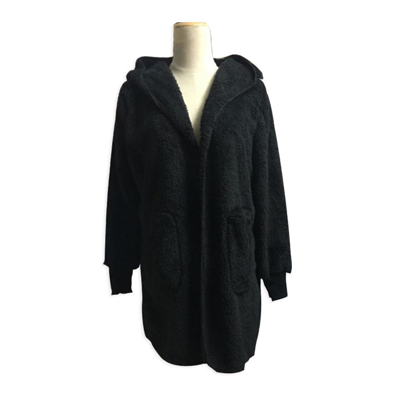 Beakey Womens Long Sleeve Fuzzy Fleece Jacket Hooded Cardigan Coat with Pockets-Black